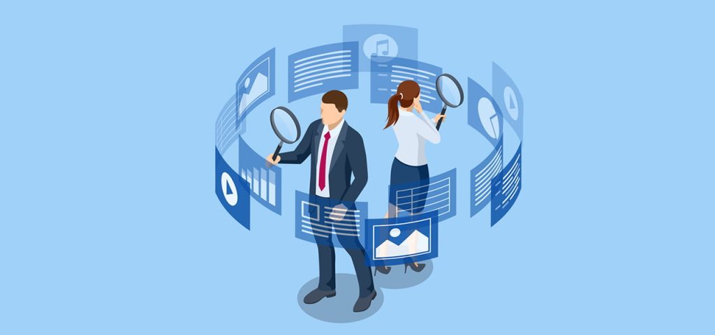 Illustration of two business professionals using magnifying glasses to analyze digital charts, graphs, and documents displayed on floating transparent screens, representing due diligence and financial data review.
